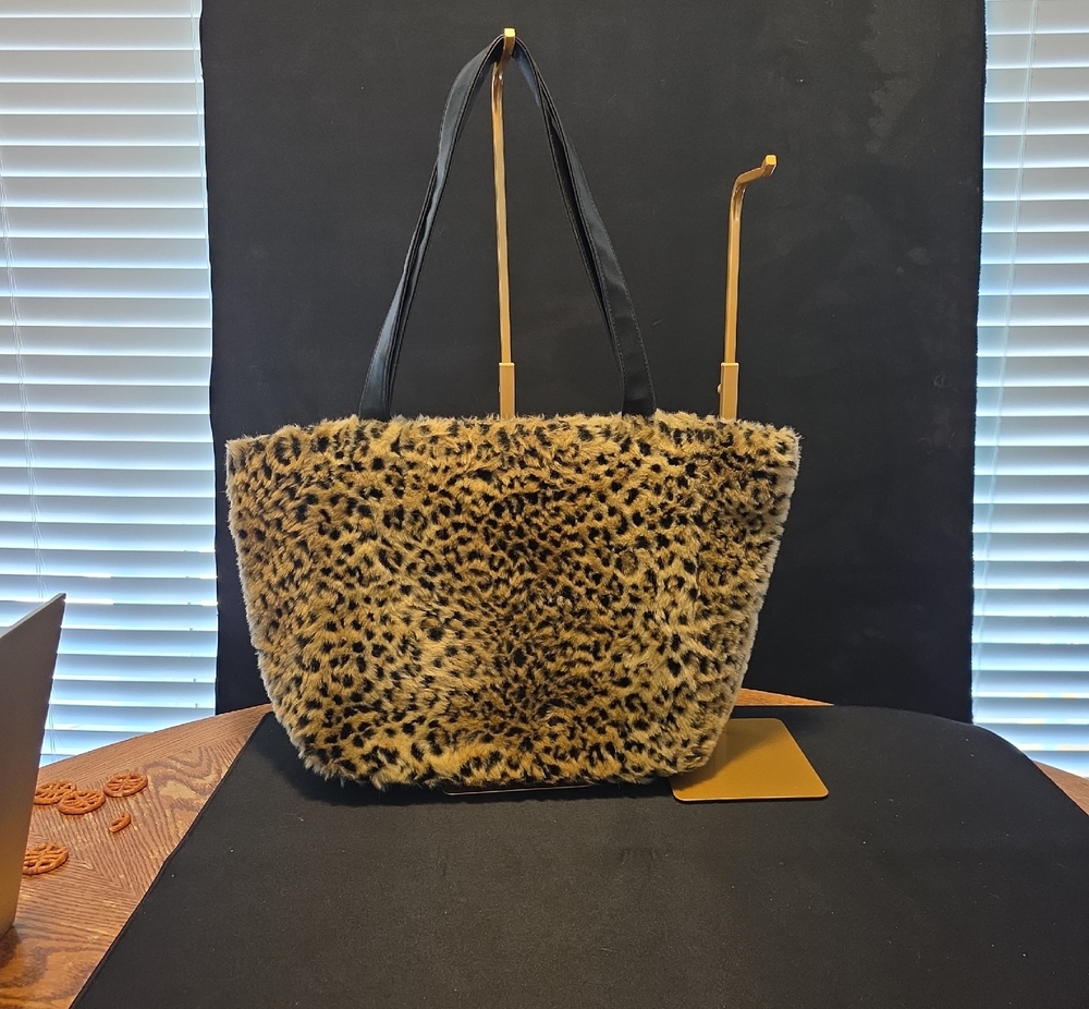 Faux Fur Leopard Print Tote Bag with Black Straps